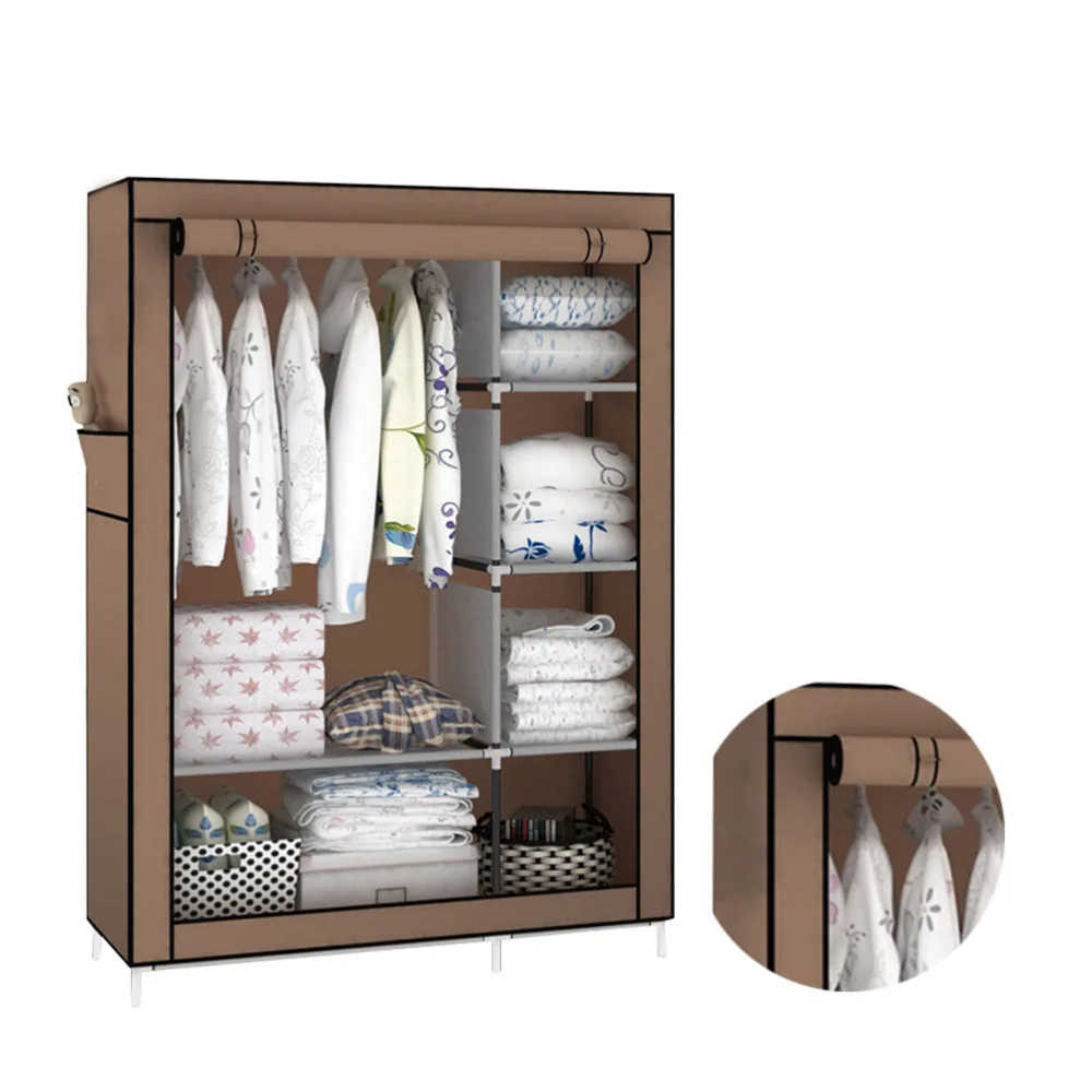 

Portable Fabric Wardrobe Closet Dustproof Storage Organizer with Metal Shelves (Coffee)
