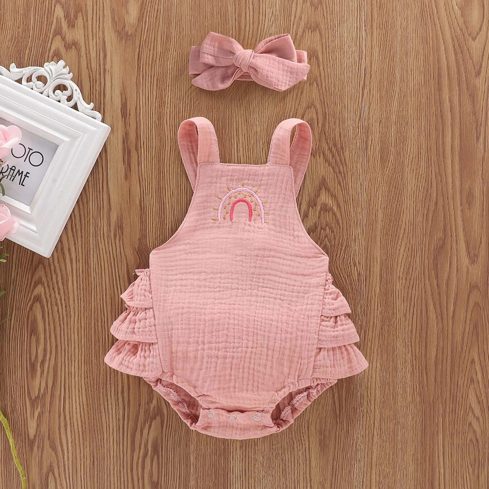 

Комбинезон с принтом для маленьких девочек, однотонный летний Ромпер + повязка на голову, милая летняя одежда