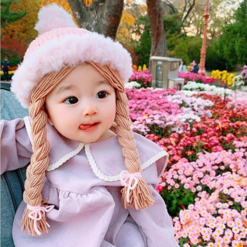 

Winter Warm Toddler Baby Girl Princess Hat Hair Pigtail Braid Wig Cap Crochet Knitted Children Kids Girls Hats Caps Plush Ball