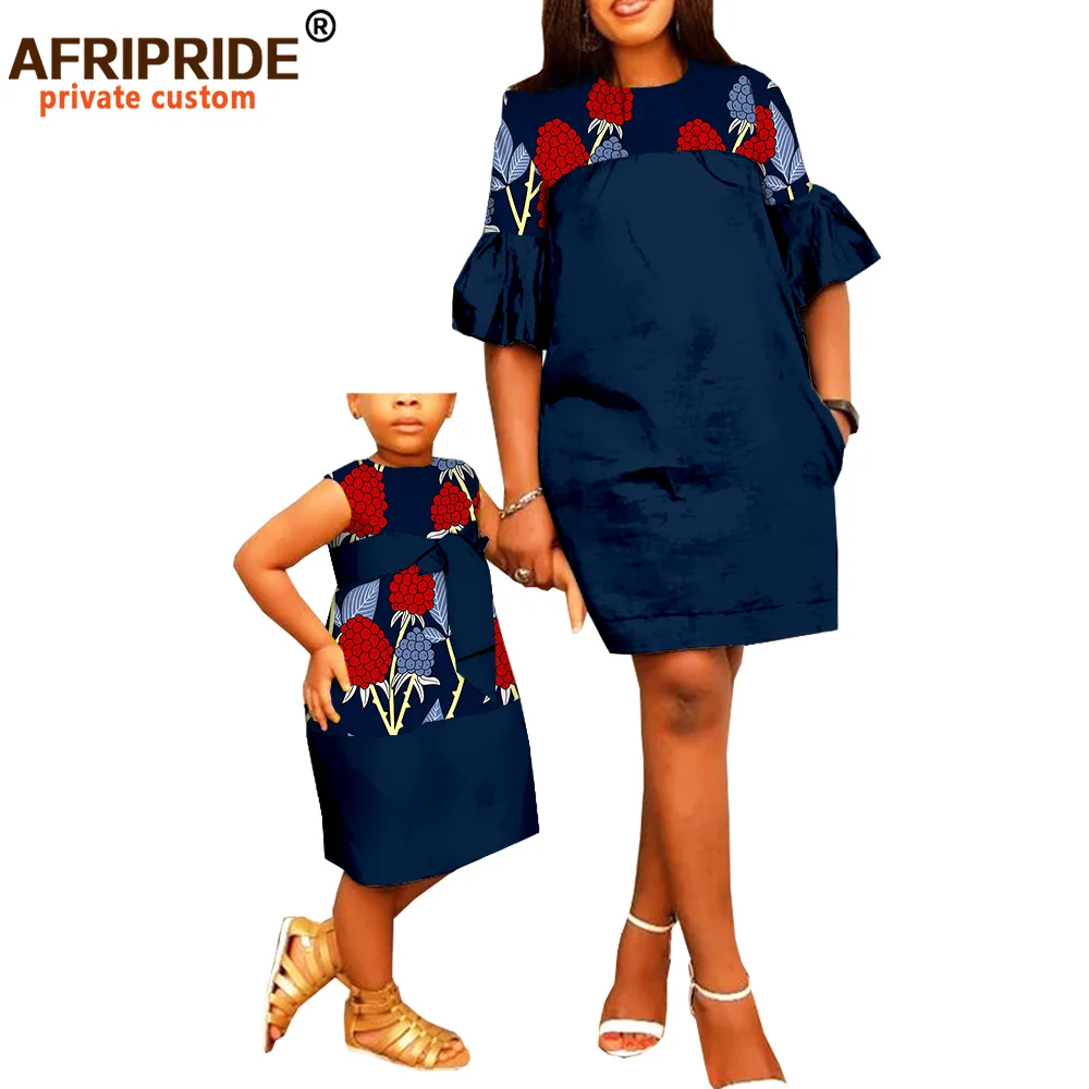 

2019 summer wax family dress for women and girls AFRIPRIDE tailor made knee length women dress +knee length girls dress A19F002