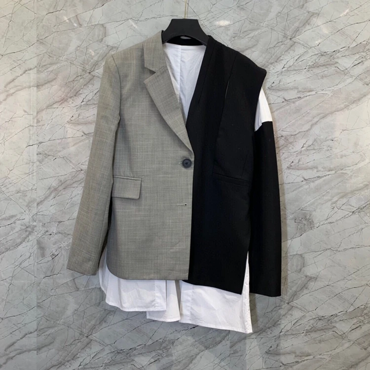 

2021 new women fashion irregular color matching stitching fake two-piece suit jacket 921