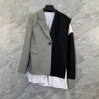 2021 new women fashion irregular color matching stitching fake two piece suit jacket 921