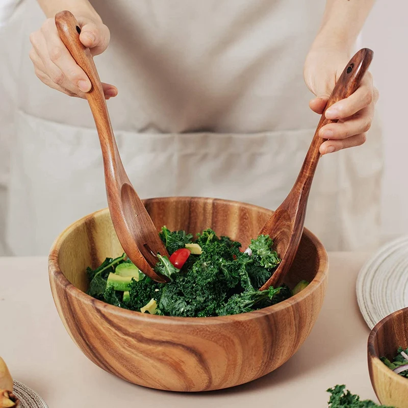 

New Wooden Salad Bowl-Large 9.4 Inch Acacia Wood Salad Wooden Bowl with Spoon, Can Be Used for Fruit, Salad
