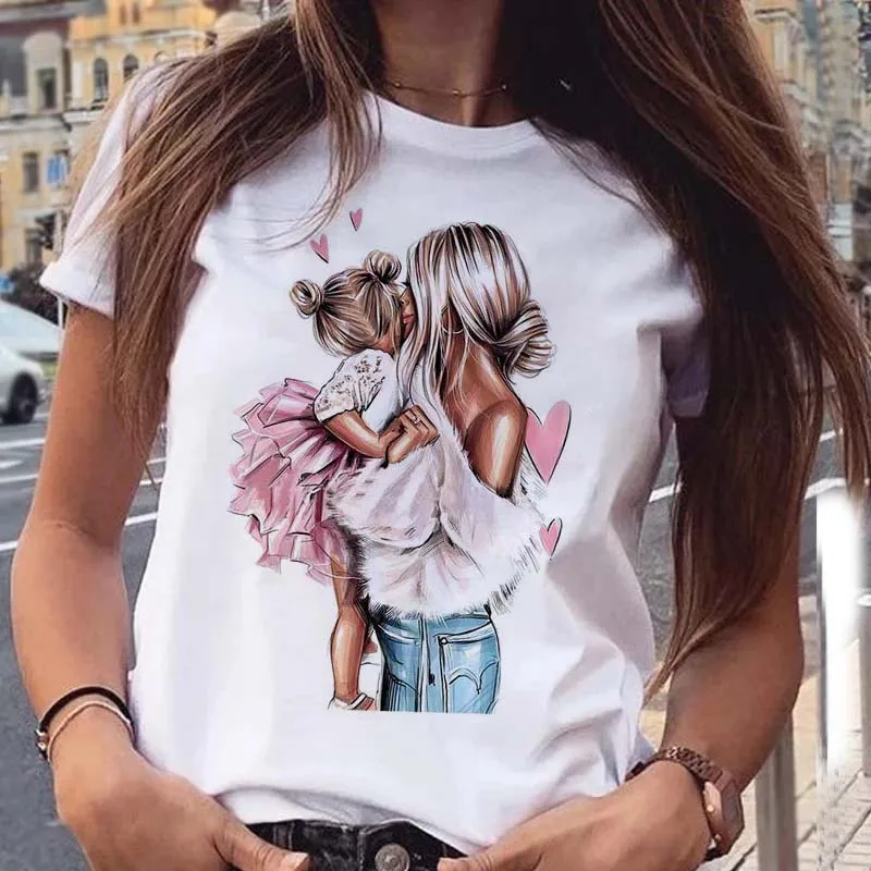 

Maycaur New White T Shirt Women Harajuku Kawaii Mom Daughter Tshirt Leisure Casual O-neck Aesthetic Love Tshirt Female Clothes