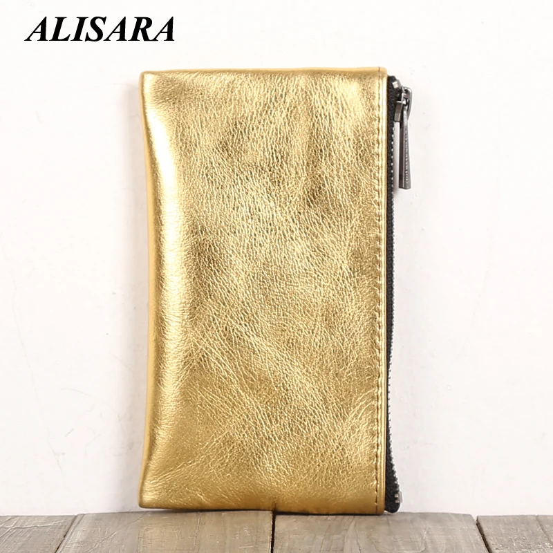 

Alisara Mini Long Wallet Lady First Layer Cow Leather High Quality Men Slim Credit Card Purses Storage Coin Pouch Money Bag Gold