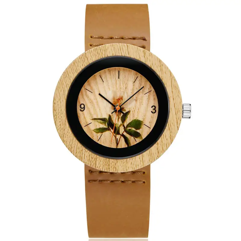 Имитация дерева часы для женщин с цветочным принтом кварцевые из кожаный ремешок
