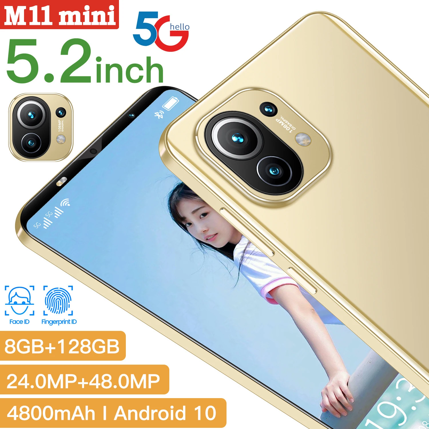 

M11mini 5.2 Inch 64GB/128GB Cheap Smart Phone 2021 New Global Face Fingerprint ID 2230*1280 4800mAh MTK6898 Cellphones Celular