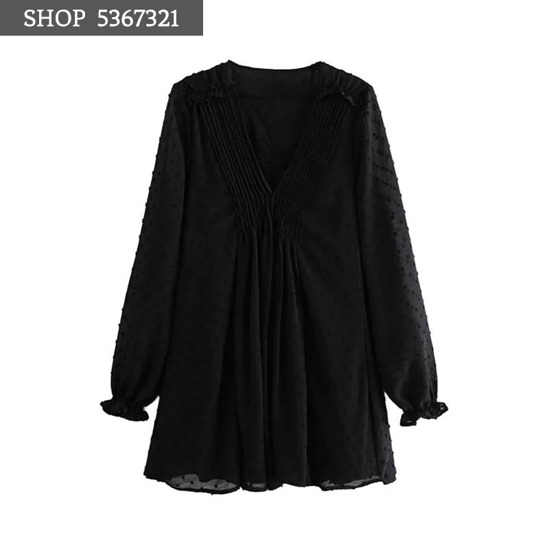 Элегантное Плиссированное Черное мини женское платье 2019 осенняя мода v образный