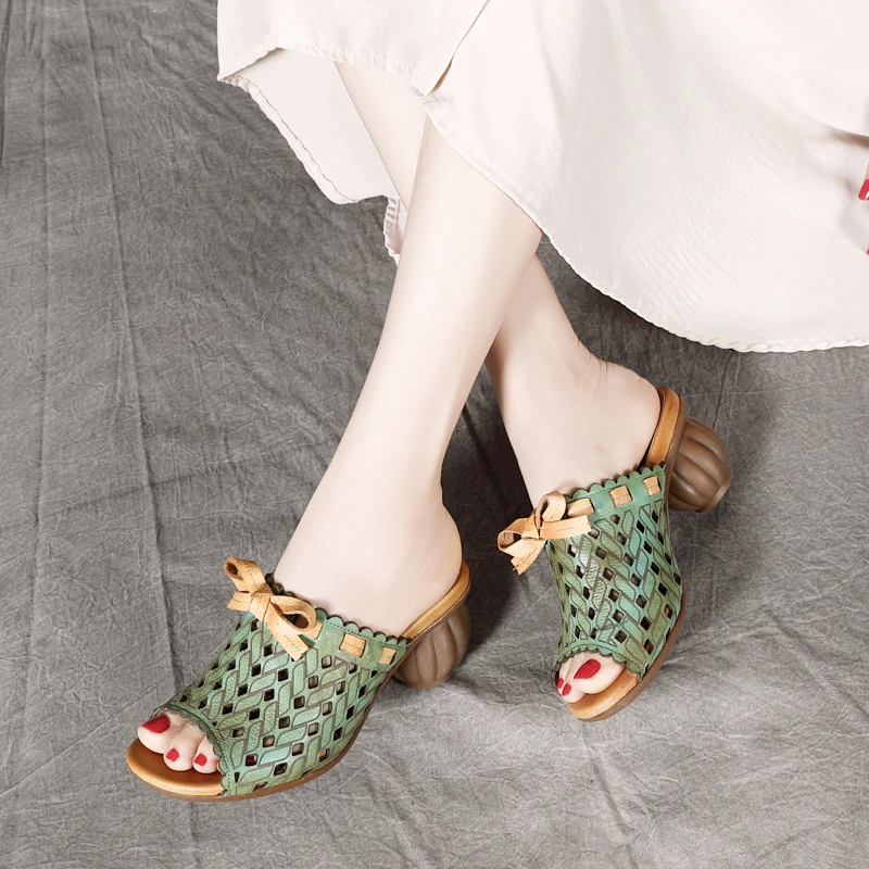 Женские сандалии в стиле ретро удобные уличные ручной работы на толстом каблуке