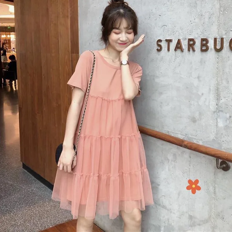 

Summer Mesh Stitching Dress Women Sweet Solid Color Fairy Princess Dress O-Neck Short Sleeve Mesh Puff Dresses Dropshipping