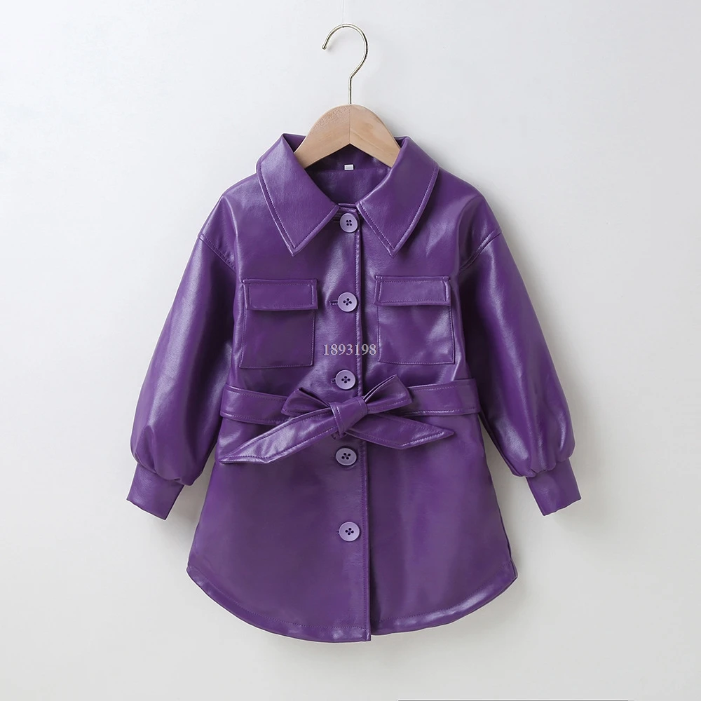 

2021 Spring Autumn Girl Fashion Solid Color Leather Jacket Korean Children Long Pu Leather Coats Kids Belt Tops