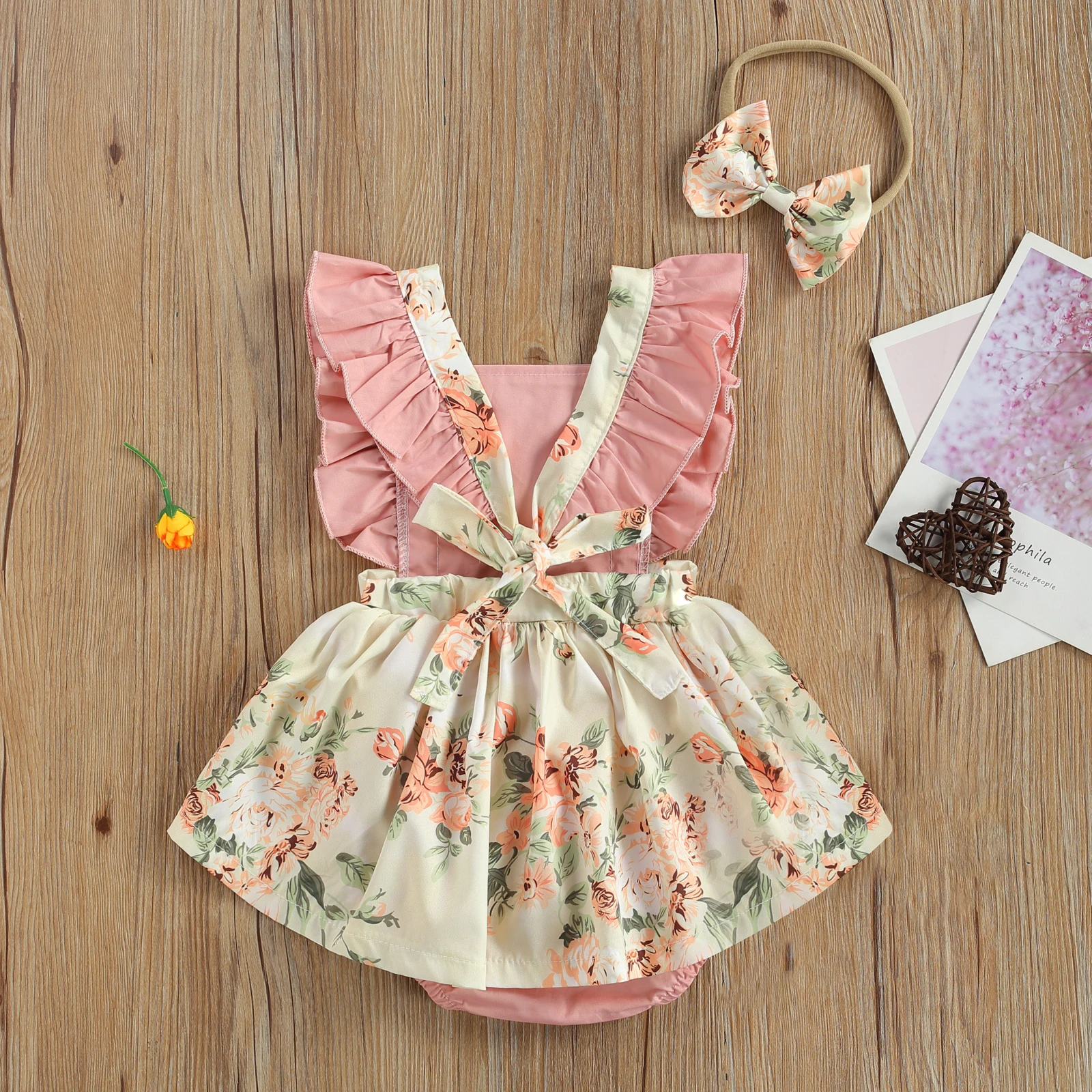 

0-24M Lovely Baby Girls Romper Dress Ruffles Short Sleeve Flowers Print Backless Jumpsuits Headband