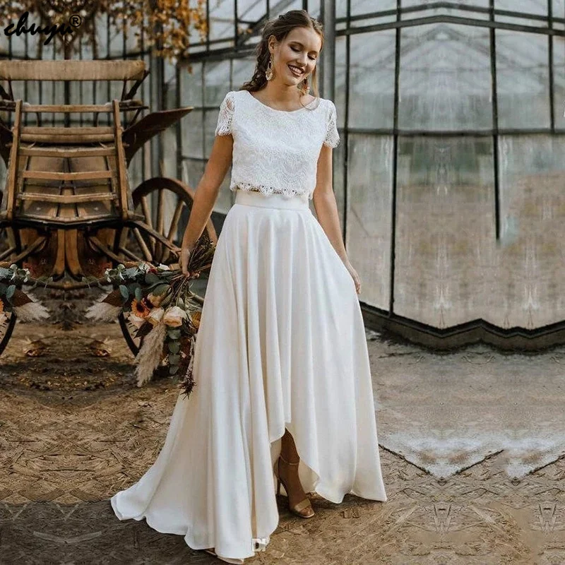 

Jasmine Two Pieces Graceful Summer Bridal Wedding Gowns A-line Short Sleeves Sample Scoop Neckline Formal Occasion