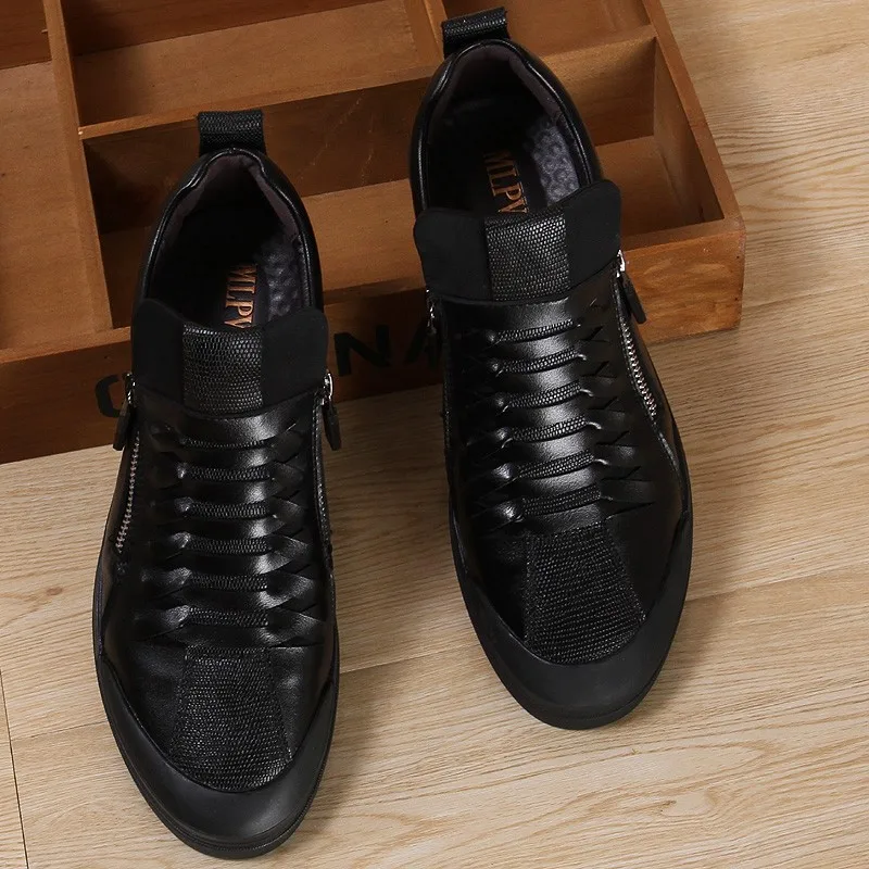 Leather black Мужская обувь; Повседневная модная дизайнерская обувь из натуральной кожи для мужчин; Лоферы без шнуровки; черные кроссовки; сезон осень-зима; брендовая мужская обувь - Цвет: Leather black