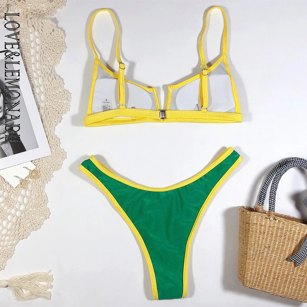 LOVE &amp LEMONADE Sexy V-Neck Green Yellow Stitching High Waist Women Bikini Swimsuit LMSW27 | Женская одежда