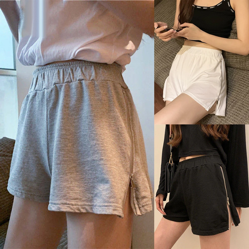 

Summer track shorts Women Soft Wide Leg High Waist Zip Side Split Elastic Shorts Sports Short Pants femme loose high waist pant