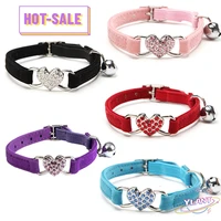 swt safety elastic adjustable with soft velvet pet product small dog collar heart dog collars charm and bell cat collar
