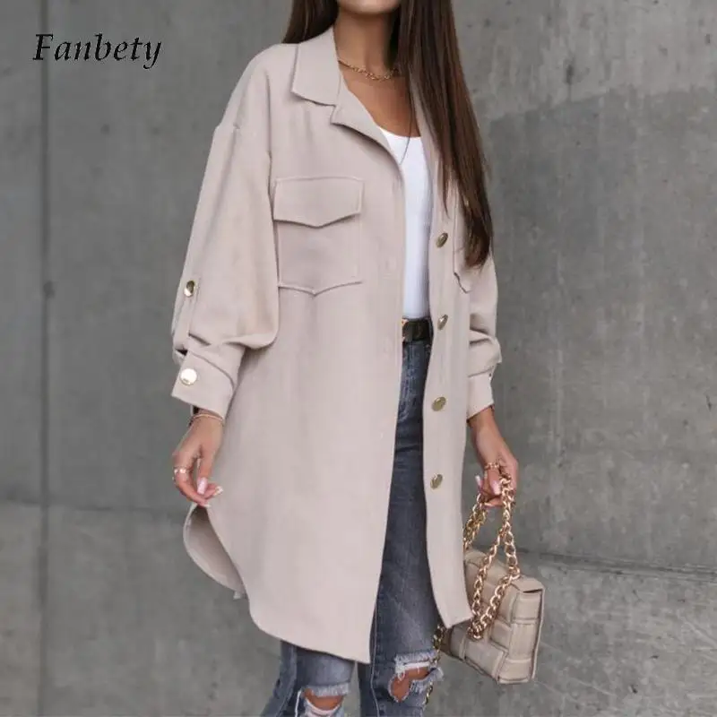 

Sexy Turn-down Collar Button Jacket Coat Women Elegant Solid Long Tops Outerwear Autumn Long Sleeve Loose Streetwear Cardigan