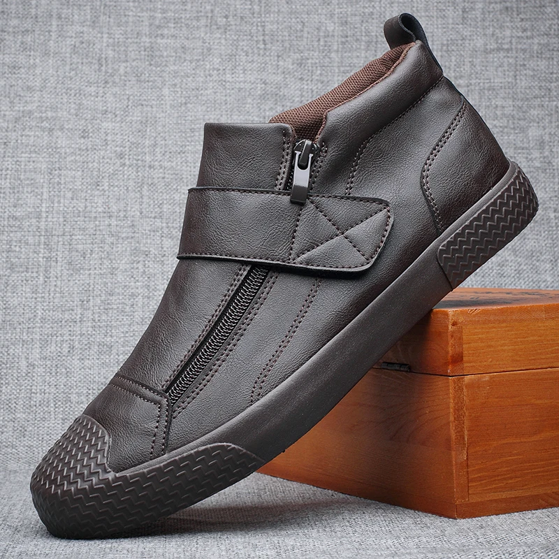 

Ebulapn Brand Men's Simple Buckle Vulcanized Shoes High Top Zipper Men PU Leather Loafers Breathable Autumn Casual Flat E20880