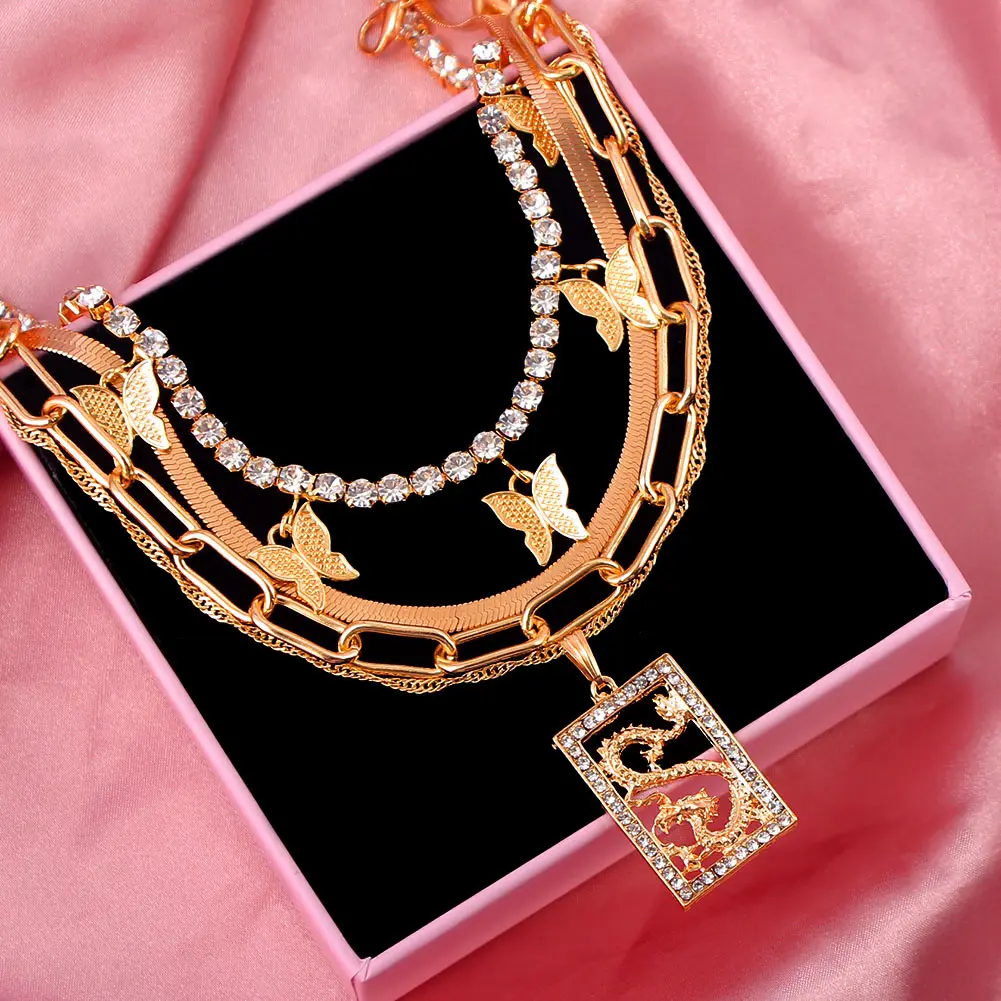 

4Pcs Layered Dragon Butterfly Crystal Tennis Chain Necklace For Women Gold Color Snake Choker Chains Boho Trendy Jewelry Gifts