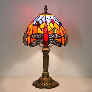 Tiffany Small Table Lamp Retro Stained Glass Baroque Dragonfly Lampshade Bedside Light for Study Livingroom Bedroom