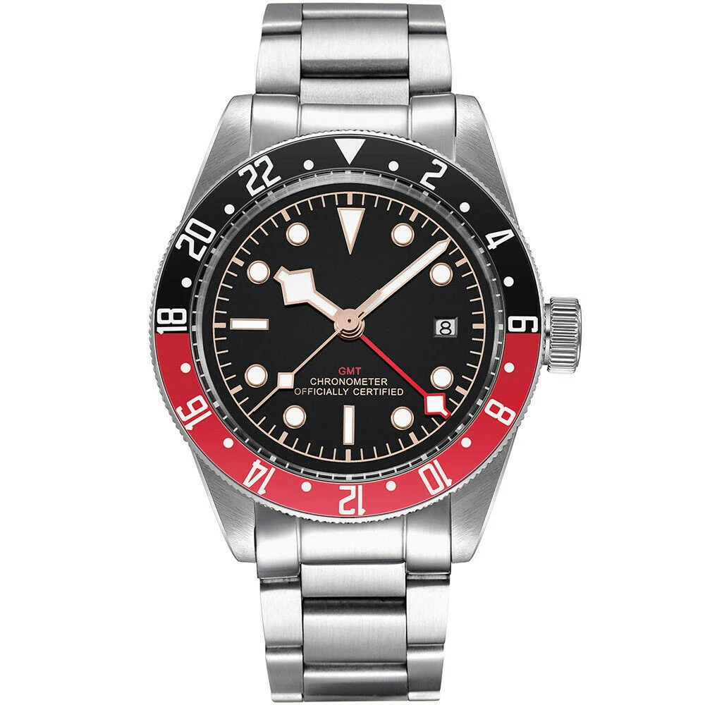 Corgeut 41 мм черный стерильные циферблат Сталь ремешок Механические Сапфир Стекло GMT