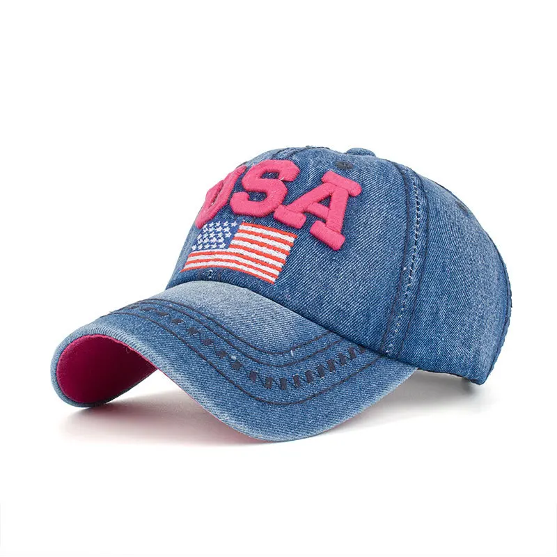 

Denim Baseball Cap Unisex Fashion US National Flag Embroidery Adjustable Peaked Cap For Men Women Denim Hat HF351