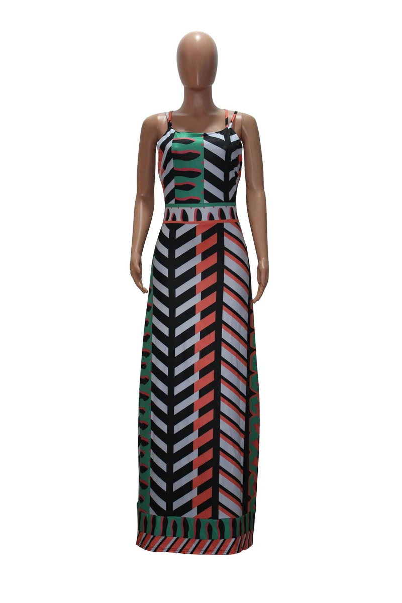 Новинка 2019 осеннее платье макси с круглым вырезом на бретелях цифровым полосатым