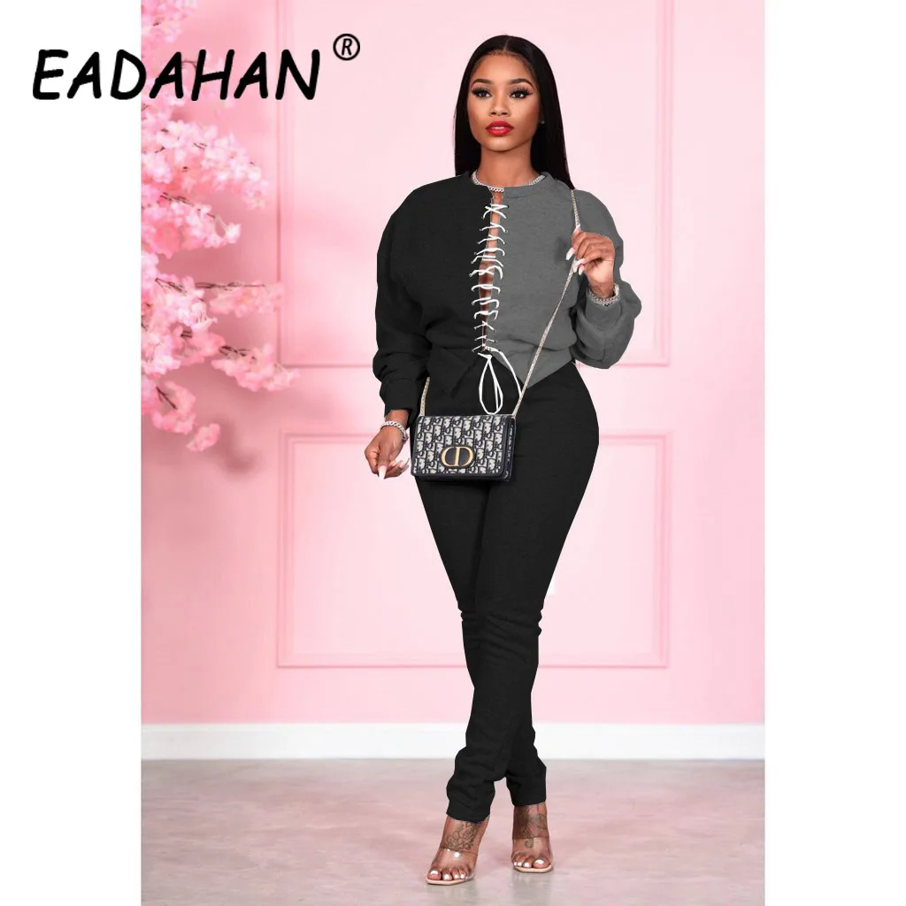 

Eadahan 2021 Women's Fashion Sexy Stitching Straps Llong-sleeved Sweater and Pencil Pants Two-piece suit