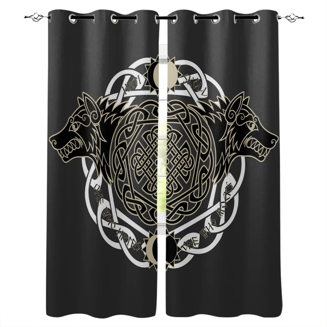 

Viking Wolf Totem Religion Symbol Black Window Curtains for Living Room Kitchen Kids Bedroom Home interior Decoration Curtains