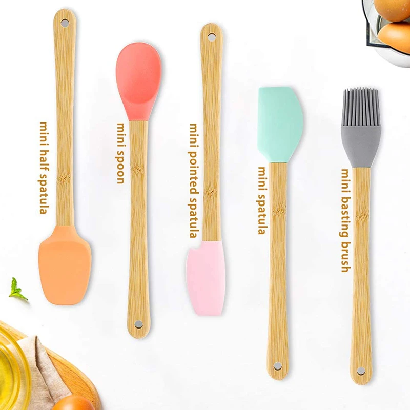 Силиконовая лопатка набор из 5 шпателей для выпечки с бамбуковыми ручками