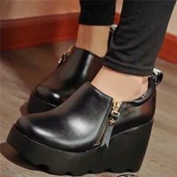 punk goth platform pumps shoes women genuine leather wedges high heel ankle boots female low top round toe creepers casual shoes