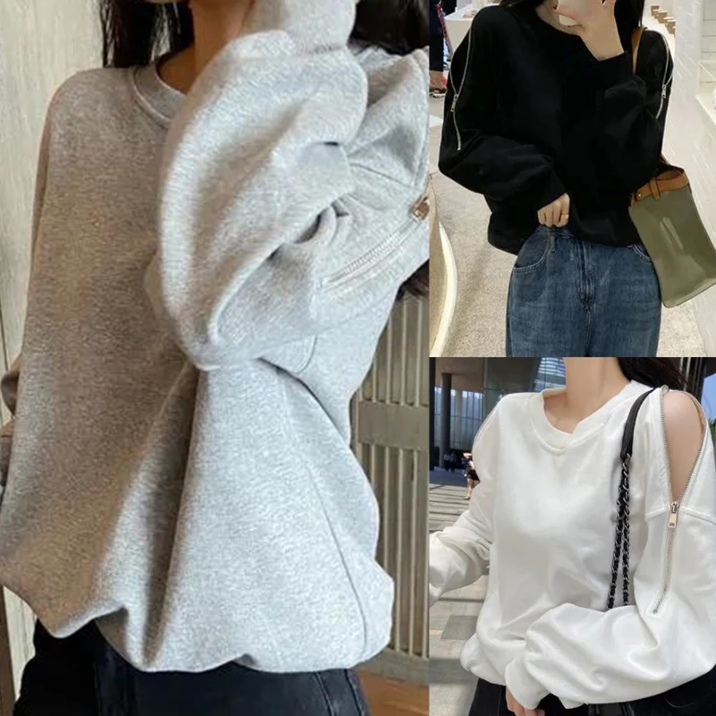

Autumn Women's Sweatshirt Loose Long Sleeved Off Shoulder Zipper Pullover Round Neck Solid Color Sweatshirt