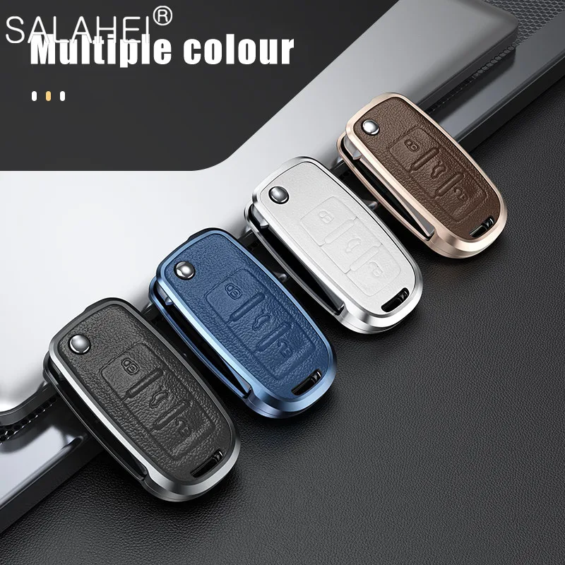 

Aluminum Alloy Leather Car Key Cover Case For Volkswagen Polo Tiguan VW Passat For Skoda Auto Fold Key Shell Keychain Accessory