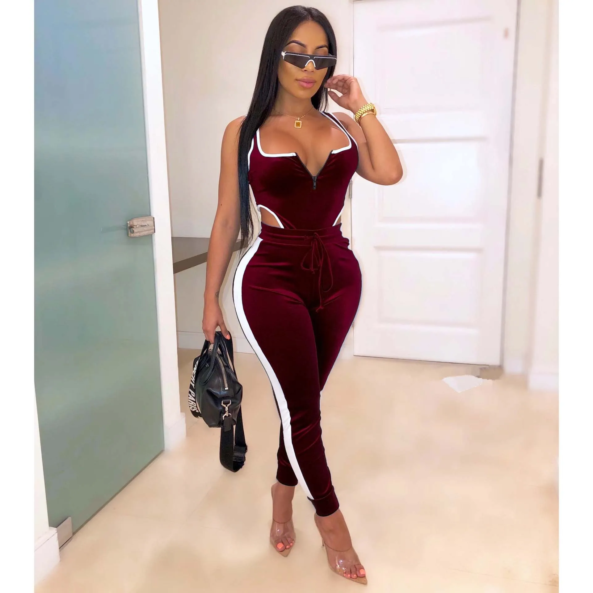 burgundy Модный комплект из двух предметов Echoine, спортивная одежда для бега, костюм со штанами, сексуальный комплект с открытой спиной, с вырезами, Vestidos, женская одежда из двух предметов, 3 цвета - Цвет: burgundy