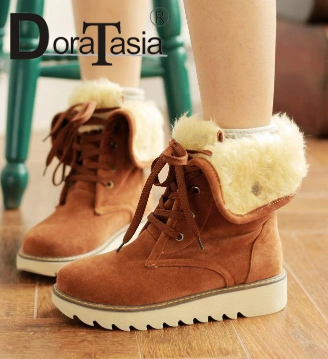 

DORATASIA Big Size 34-43 Female Plush Ankle Boots Winter Warm Fur Boots Women Round Toe Cross Tied Flat With Shoes Woman