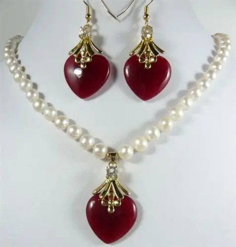 

charm 7-8mm white pearl necklace 17"& red heart jade earring pendant