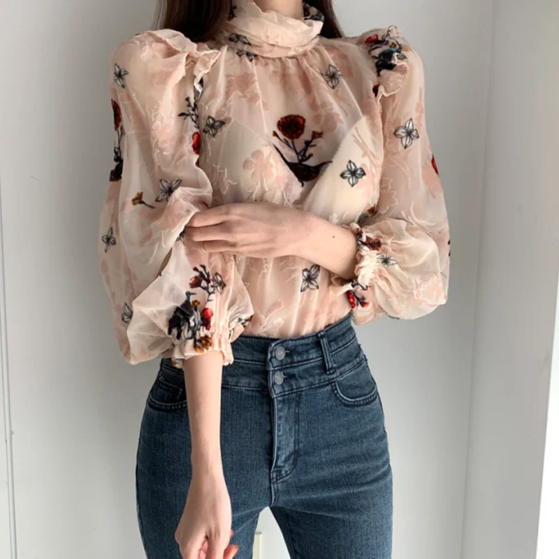 JMPRS роскошный цветок из флока женская блузка сексуальные полупрозрачные со