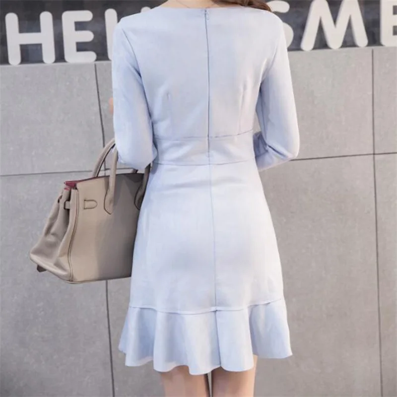 

Простое платье с длинным рукавом, Высококачественная юбка из оленьей кожи, элегантное платье с оборками для дам