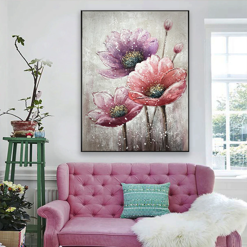 

Beautiful pink flowers for wedding decoration Handmade acrylic oil painting on canvas wall art poster for living room bedroom