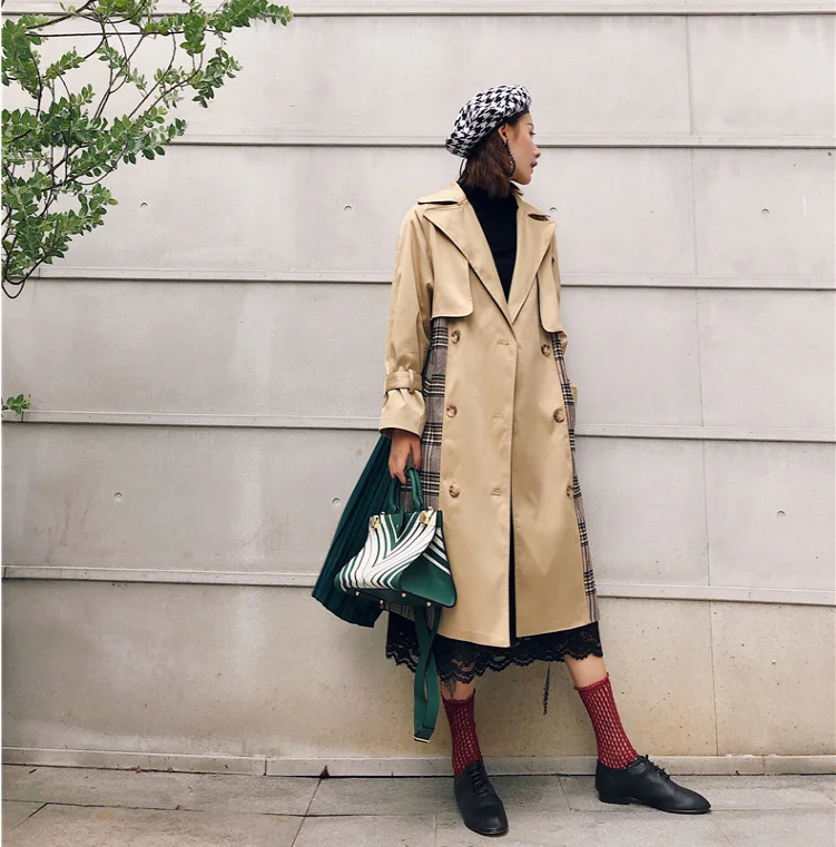 2019 осенний хаки клетчатый лоскутный плащ женская уличная длинная куртка