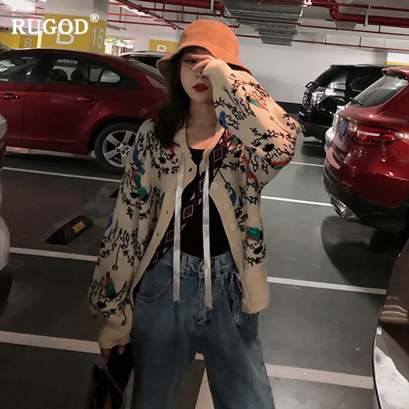 RUGOD Vintage printed knitted cardigan sweater women Fashion lantern sleeve auturm winter outwear single-breated |