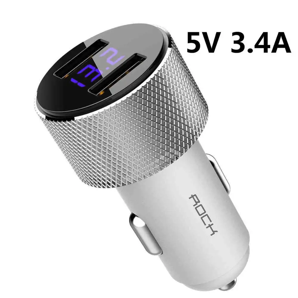 Metal White 3.4A ROCK универсальное металлическое автомобильное зарядное устройство с двумя usb-портами и цифровым дисплеем для iPhone X 8 XS Xiaomi samsung Mini 5V 3.4A Автомобильная Быстрая зарядка - Тип штекера: Metal White 3.4A