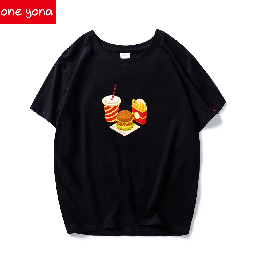 

Burger Coke Creative Pattern T-shirt Female Harajuku Street Cartoon Cartoon O-neck Casual Cotton Black and White Short-sleeved S