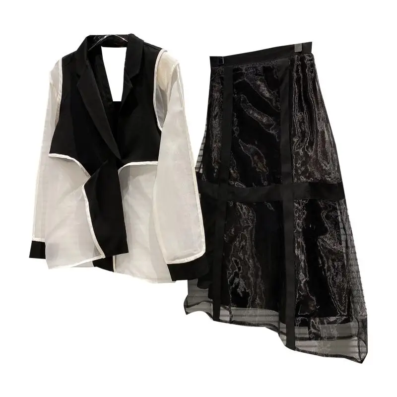 

2021 Summer Mesh Splicing Long Sleeve Sun Protection Suit Jacket Women's Black Mid Length Skirt Female Two Pieces Skirt Suit