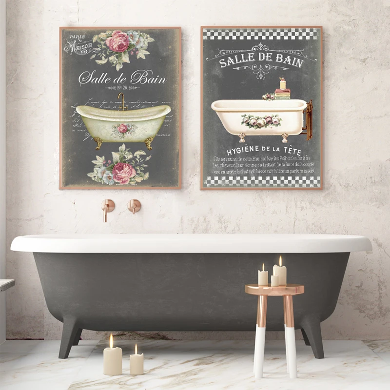 

Vintage Bathroom Decoration Poster Retro Bathtub Painting Print Salle De Bain Le Bain Chalkboard Shabby Wall Art Canvas Picture