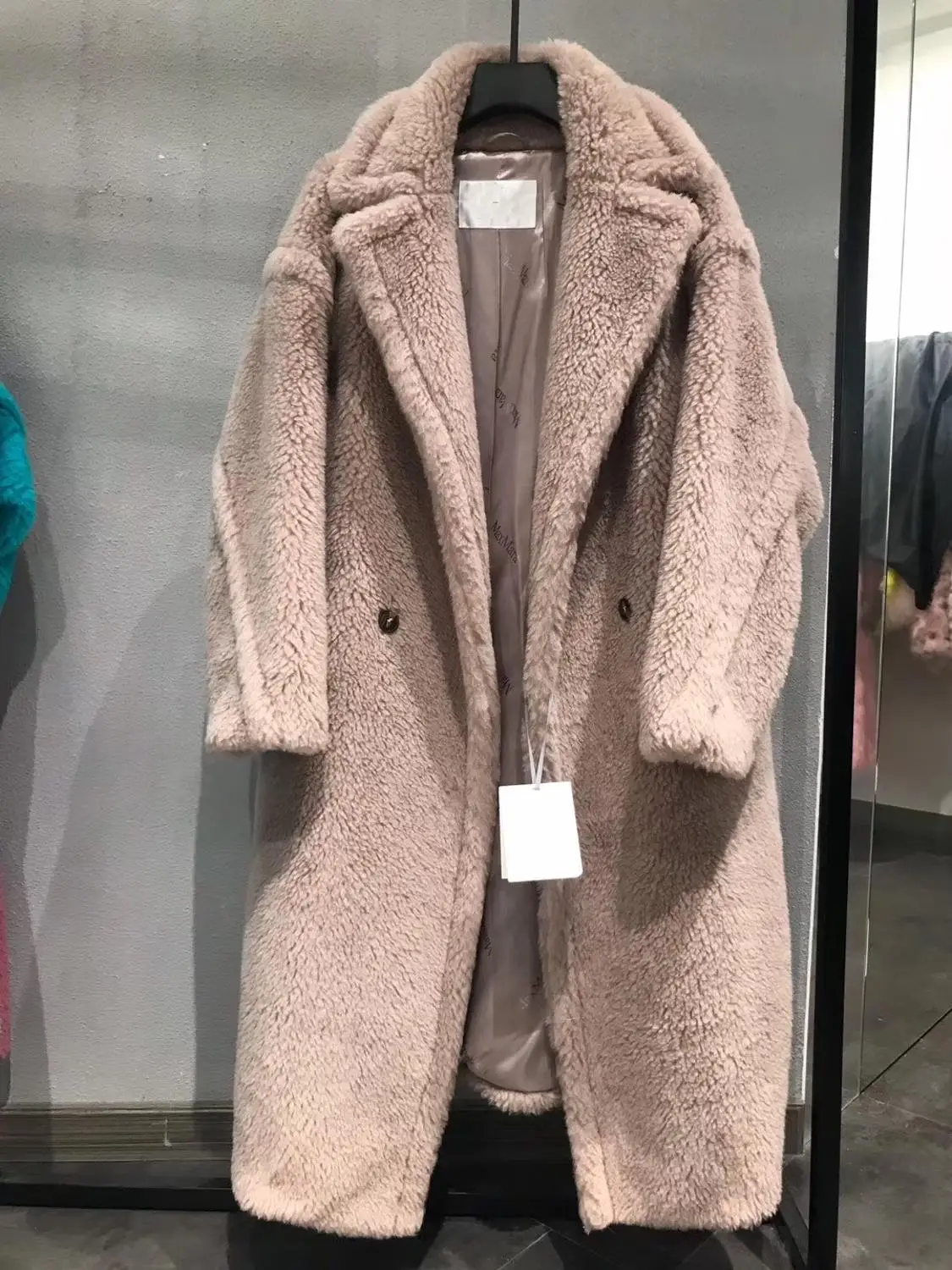 light gray Пальто из натурального меха альпаки, Женское зимнее пальто с воротником, длинное натуральное меховое пальто с мишкой Тедди, Женское пальто, натуральный жакет из меха - Цвет: light gray