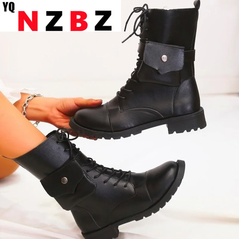 

2022 Women's Boots Square Heel Platform Women's Shoes Fashion PU Leather New Designer Gothic Motorcycle Boots Large Size 36-43