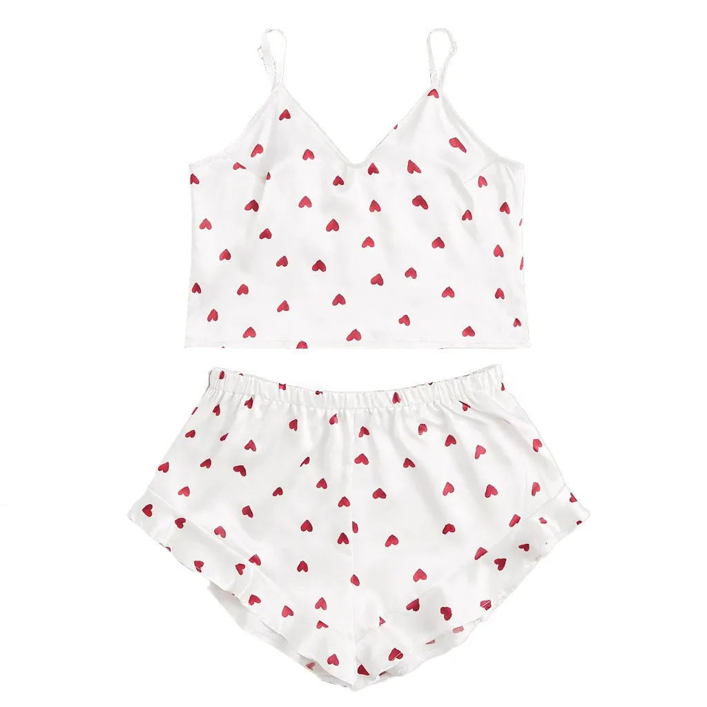 

2020 Pijamas Women Sexy Sleepwear Heart Print Satin Camisole Pajamas Ruffled Nightwear Pyjama Femme Underwear Lingerie Set