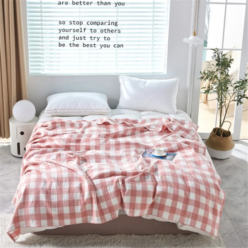 

1pc Throw Blanket 100% Cotton Washed Gauze Quilts Home Textile Grid Thin Comforter Stripe Bedding Bedspread Beige Bed Linens